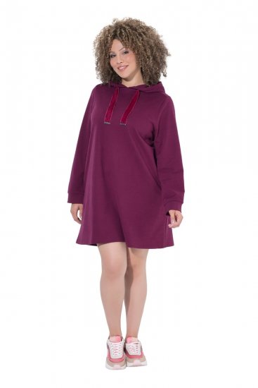 Ulla Popken 853652 Robe sweat à manches longues et capuche Rouge baie - Robes - Robes pour toutes les tailles