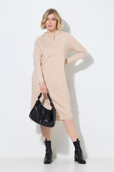 Ulla Popken 853669 Robe en maille à manches longues et capuche Beige - Robes midi - Robes midi grande taille