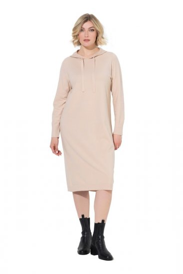 Ulla Popken 853669 Robe en maille à manches longues et capuche Beige - Robes midi - Robes midi grande taille