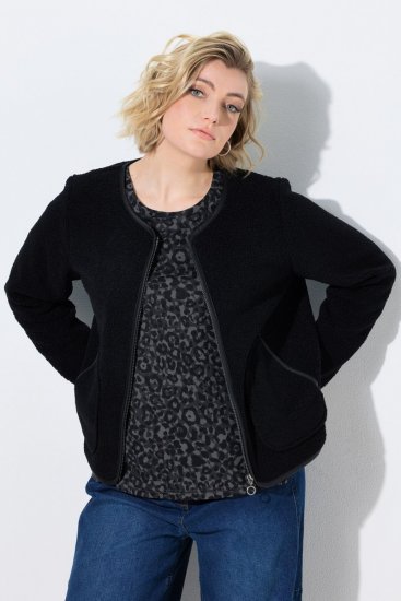 Ulla Popken 853685 Veste teddy courte à passepoils effet cuir Noir - Vestes - Vestes femme grande taille
