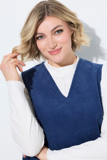 Ulla Popken 853697 Robe en velours côtelé sans manches à col V Bleu marine - Robes d'été - Robes d'été grande taille