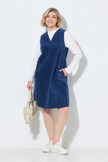 Ulla Popken 853697 Robe en velours côtelé sans manches à col V Bleu marine - Robes d'été - Robes d'été grande taille