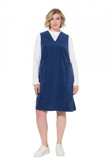 Ulla Popken 853697 Robe en velours côtelé sans manches à col V Bleu marine - Robes d'été - Robes d'été grande taille