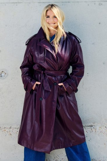 Ulla Popken 855617 Trench effet cuir à ceinture nouée Bordeaux - Manteaux - Manteaux femme grande taille