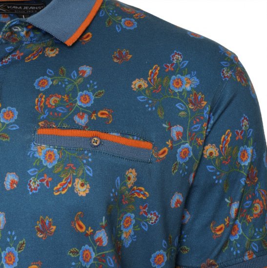 Kam Jeans 5494 Digital Floral Print Polo Blue - Polos - Polos homme grande taille