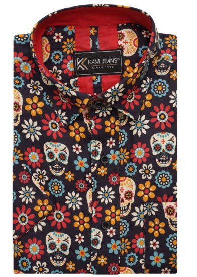 Kam Jeans 6040 Floral Skull Print Shirt Black - Chemises - Chemises Grandes Tailles Hommes