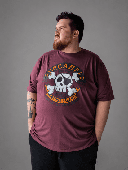 Kam Jeans 5753 Buccaneer Print T-Shirt BURGUNDY MARL - T-shirts - T-shirts Homme Grande Taille