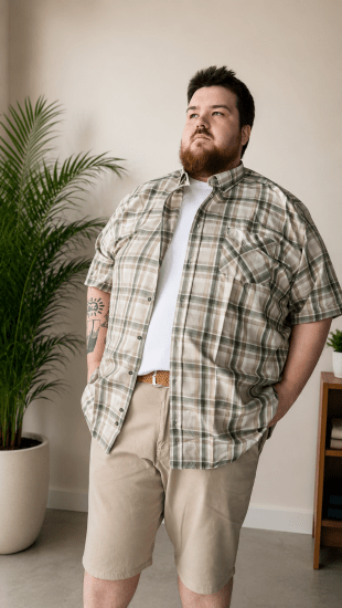 Kam Jeans 6339 Checked Short Sleeve Shirt Beige - Chemises - Chemises Grandes Tailles Hommes