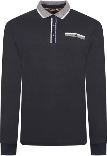 Kam Jeans 5509 LS Jersey Polo with Jacquard Pattern on Collar/Cuffs Navy - Polos - Polos homme grande taille