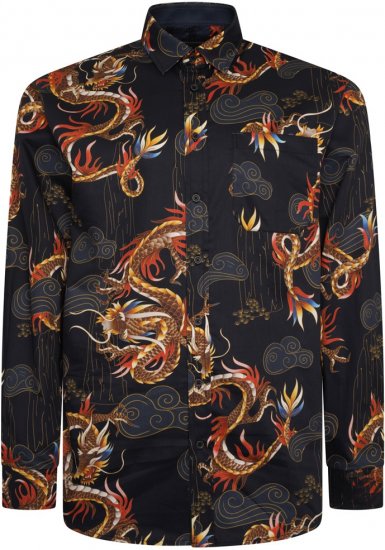 Kam Jeans 6057 LS Dragon Print Shirt Black - Chemises - Chemises Grandes Tailles Hommes