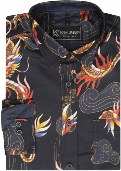 Kam Jeans 6057 LS Dragon Print Shirt Black - Chemises - Chemises Grandes Tailles Hommes
