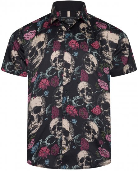 Kam Jean 6074 Chemise À Manches Courtes Avec Imprimé Tête De Mort Floral Noir - Chemises - Chemises Grandes Tailles Hommes