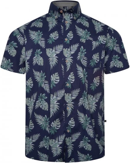 Kam Jeans 6331 AOP Leaf Print Short Sleeve Shirt Navy - Chemises - Chemises Grandes Tailles Hommes