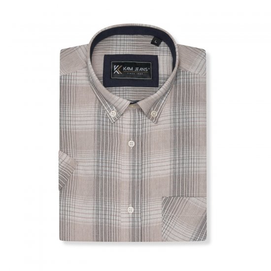 Kam Jeans 6382 Chemise Texturée À Carreaux Manches Courtes Beige - Chemises - Chemises Grandes Tailles Hommes