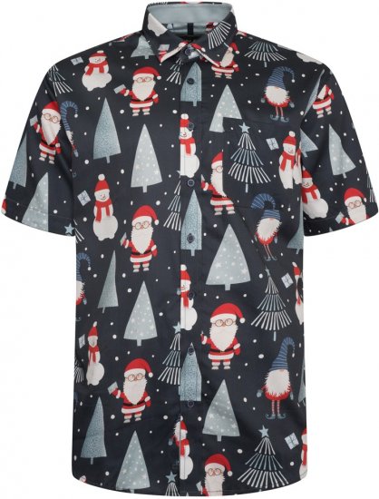 Kam Jeans X033 Santa Xmas Print Short Sleeve Shirt Navy - Chemises - Chemises Grandes Tailles Hommes