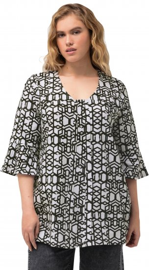 Ulla Popken Geometric Print Trumpet Sleeve Tee Black - T-shirts imprimés pour femme - 