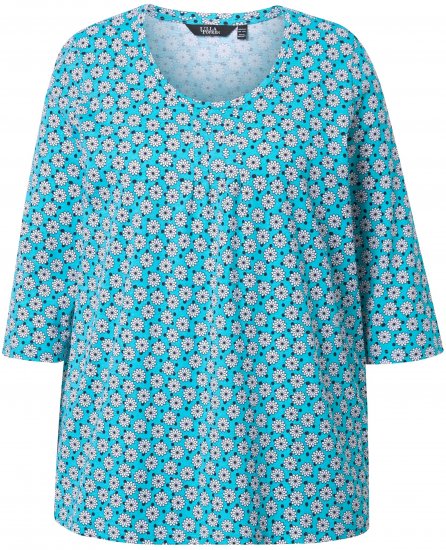 Ulla Popken Flower Print 3/4 Sleeve A-Line Tee Deep Aqua - T-shirts imprimés pour femme - 