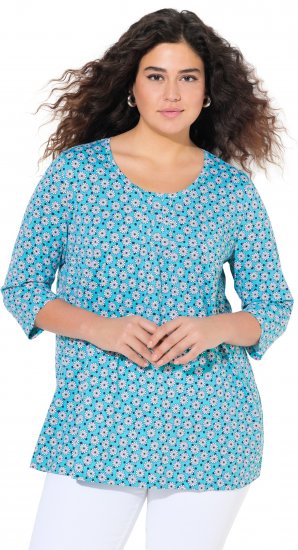 Ulla Popken Flower Print 3/4 Sleeve A-Line Tee Deep Aqua - T-shirts imprimés pour femme - 