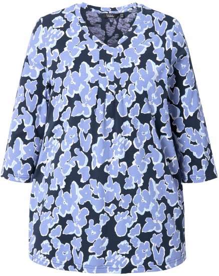 Ulla Popken Floral Print 3/4 Sleeve V-Neck Tee Navy Blue - T-shirts imprimés pour femme - 