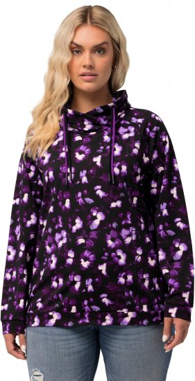 Ulla Popken Floral Print Drawstring Collar Hoodie Black - Sweatshirts & hoodies - 