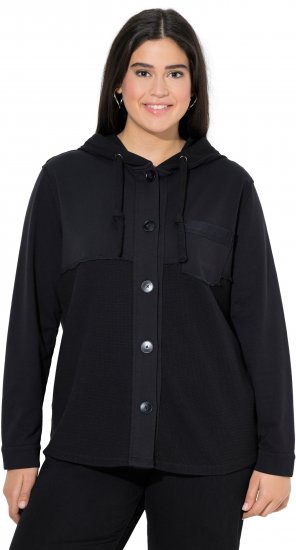 Ulla Popken Mixed Texture Button Down Hoodie Black - Sweatshirts & hoodies - 