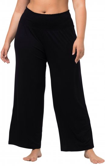 Ulla Popken Wide Leg Smocked Waist Knit Pants Black - Jeans & Pantalons Femme Grandes Tailles – Plus Size - 