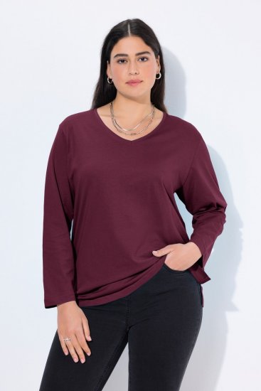Ulla Popken Back To Basics V-Neck Relaxed Fit Cotton Tee Dark Berry - T-shirts - T-shirts pour femme