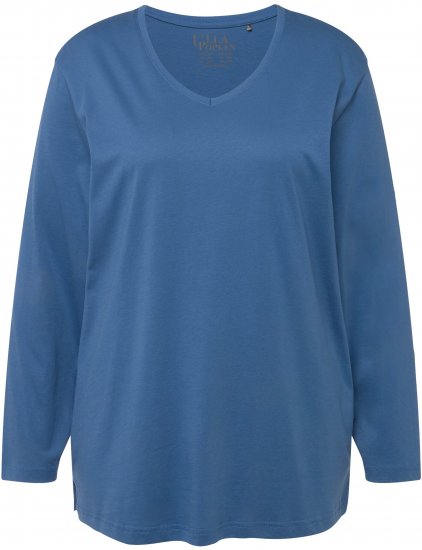 Ulla Popken Back To Basics V-Neck Relaxed Fit Cotton Tee Denim Blue - T-shirts - 