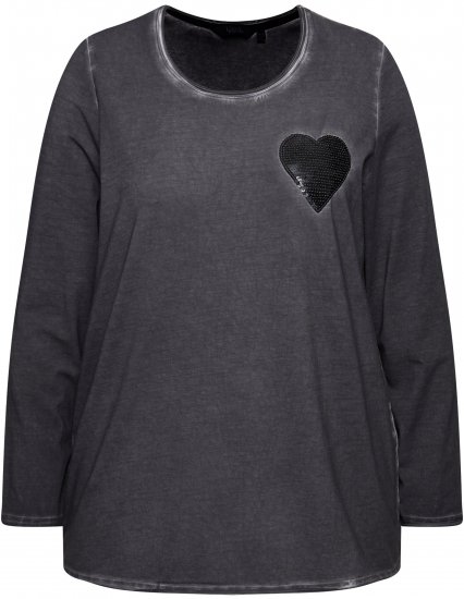 Ulla Popken Cold Dyed Sequined Heart Long Sleeve Tee Asphalt - T-shirts imprimés pour femme - 