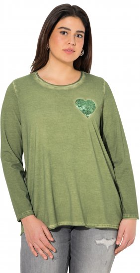 Ulla Popken Cold Dyed Sequined Heart Long Sleeve Tee Sage Green - T-shirts imprimés pour femme - 