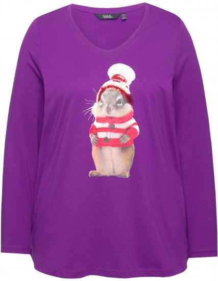 Ulla Popken Christmas Squirrel Long Sleeve Graphic Tee Dark Purple - T-shirts imprimés pour femme - 