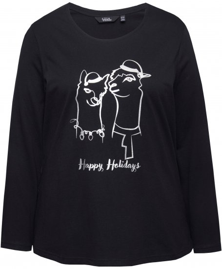 Ulla Popken Metallic Graphic Holiday Tee Black - T-shirts imprimés pour femme - 