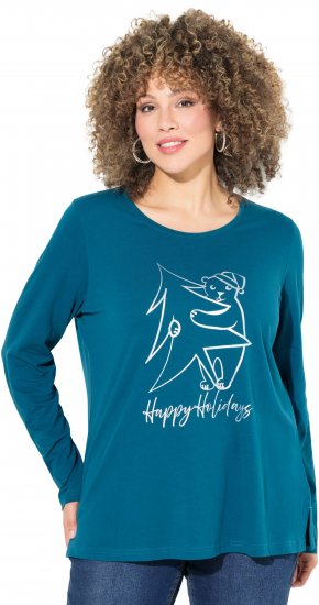 Ulla Popken Metallic Graphic Holiday Tee Teal - T-shirts imprimés pour femme - 