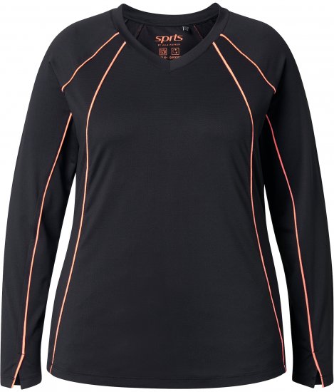 Ulla Popken UPF 50+ Contrast Piping Long Sleeve Tee Black - T-shirts imprimés pour femme - 