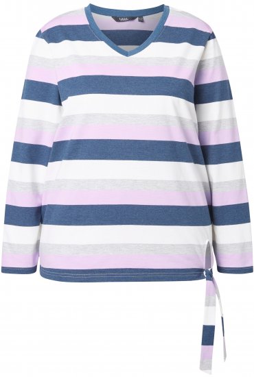 Ulla Popken Striped Knotted Hem Long Sleeve Tee Lavender - T-shirts imprimés pour femme - 