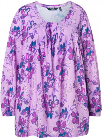 Ulla Popken Allover Printed Pleated Long Sleeve Tee Lavender - T-shirts imprimés pour femme - 