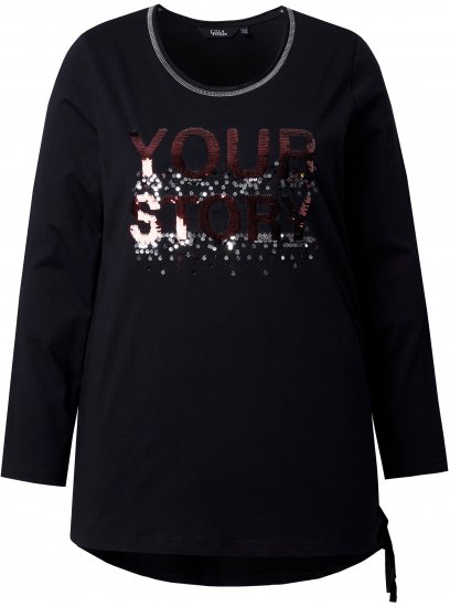 Ulla Popken Your Story Sequined Long Sleeve Tunic Tee Black - T-shirts imprimés pour femme - 