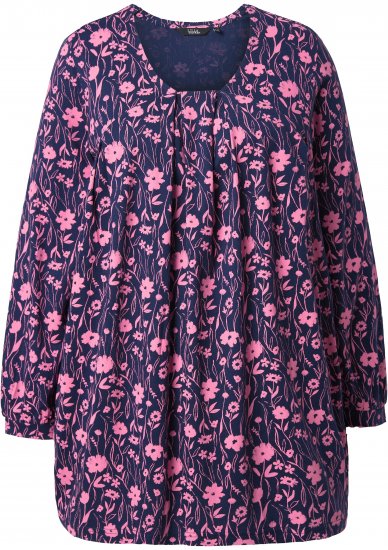 Ulla Popken Pleated Long Sleeve Floral Knit Tunic Ink Blue - T-shirts imprimés pour femme - 