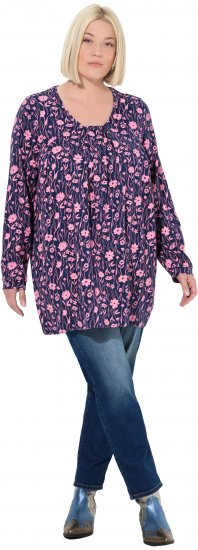 Ulla Popken Pleated Long Sleeve Floral Knit Tunic Ink Blue - T-shirts imprimés pour femme - 