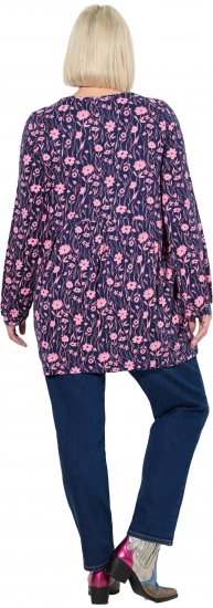Ulla Popken Pleated Long Sleeve Floral Knit Tunic Ink Blue - T-shirts imprimés pour femme - 