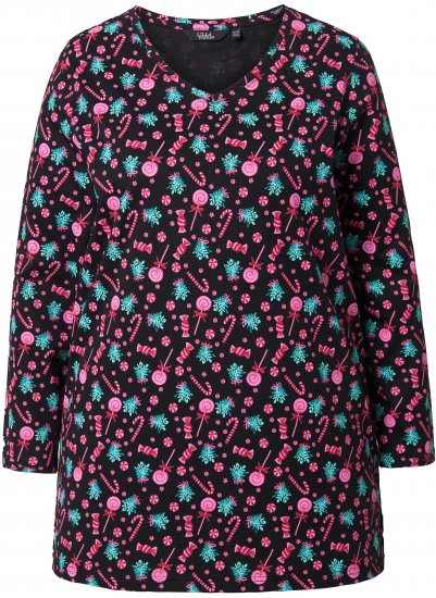 Ulla Popken Peppermint Tree V-Neck Holiday Cotton Long Sleeve Knit Tunic Black - T-shirts imprimés pour femme - 