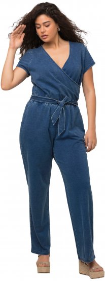 Ulla Popken Wrap Look Short Sleeve Denim Jumpsuit Blue - Jeans & Pantalons Femme Grandes Tailles – Plus Size - 