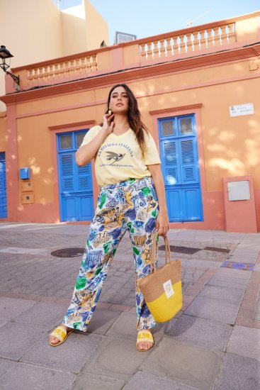 Ulla Popken Italy Print Elastic Waist Pants White - Jeans & Pantalons Femme Grandes Tailles – Plus Size - 