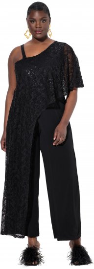 Ulla Popken Asymmetric Lace Panel Jumpsuit Black - Jeans & Pantalons Femme Grandes Tailles – Plus Size - 