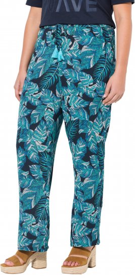 Ulla Popken Tropical Leaf Print Elastic Waist Pants Blue - Jeans & Pantalons Femme Grandes Tailles – Plus Size - 