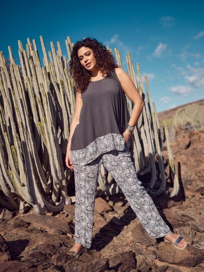 Ulla Popken Mosaic Print Elastic Waist Pants Black - Jeans & Pantalons Femme Grandes Tailles – Plus Size - 