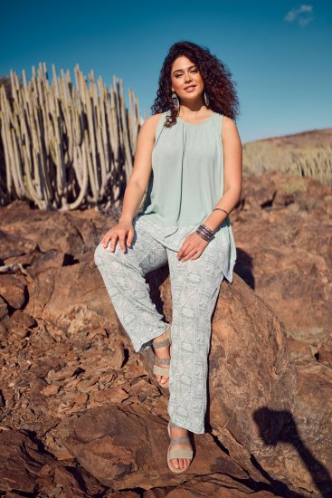 Ulla Popken Mosaic Print Elastic Waist Pants White - Jeans & Pantalons Femme Grandes Tailles – Plus Size - 