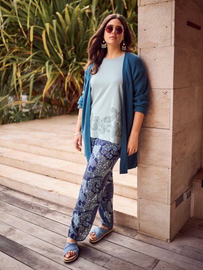 Ulla Popken Patchwork Paisley Elastic Waist Pants Blue - Jeans & Pantalons Femme Grandes Tailles – Plus Size - 