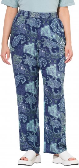 Ulla Popken Patchwork Paisley Elastic Waist Pants Blue - Jeans & Pantalons Femme Grandes Tailles – Plus Size - 