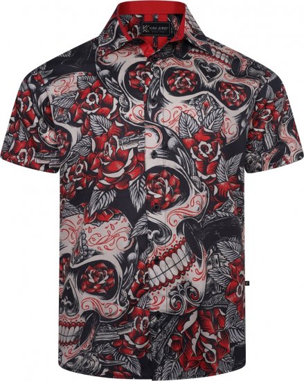 Kam Jeans 6062 Skull And Roses Print Short Sleeve Shirt Black - Chemises - Chemises Grandes Tailles Hommes